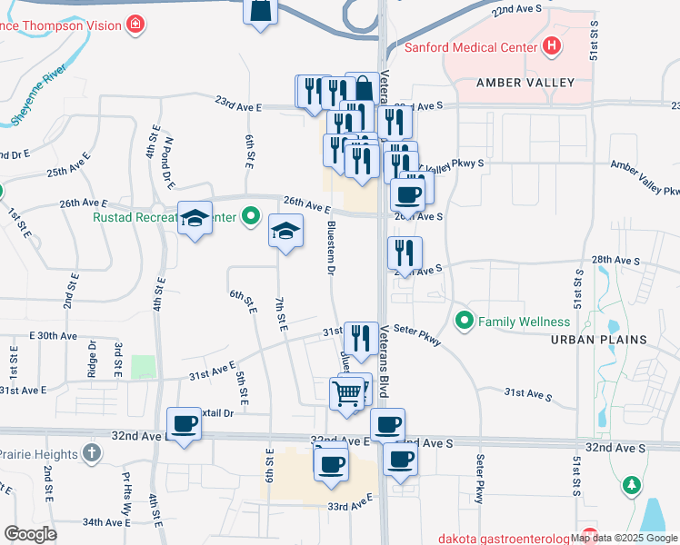 map of restaurants, bars, coffee shops, grocery stores, and more near 3187 Bluestem Drive in West Fargo