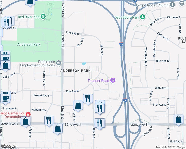 map of restaurants, bars, coffee shops, grocery stores, and more near 3885 30th Avenue South in Fargo