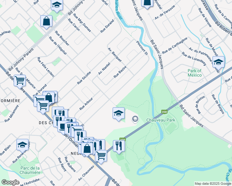 map of restaurants, bars, coffee shops, grocery stores, and more near 3530 Rue Pincourt in Quebec
