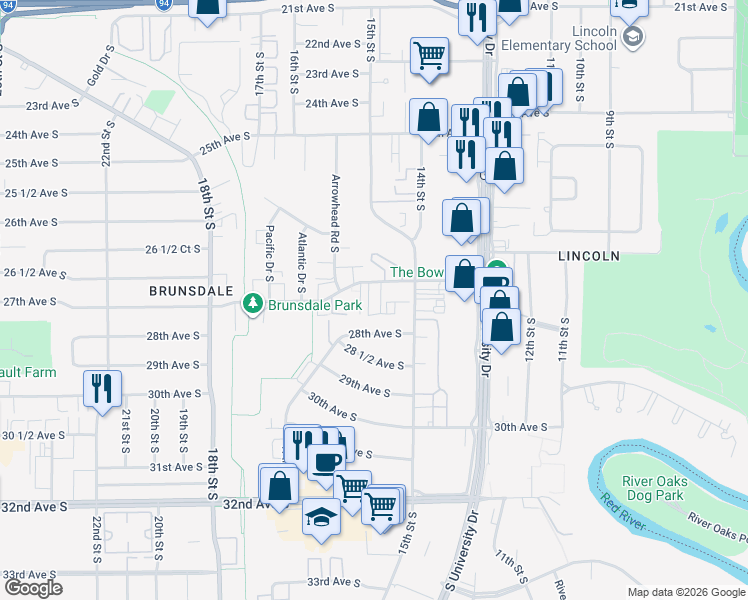 map of restaurants, bars, coffee shops, grocery stores, and more near 1534 27th Avenue South in Fargo
