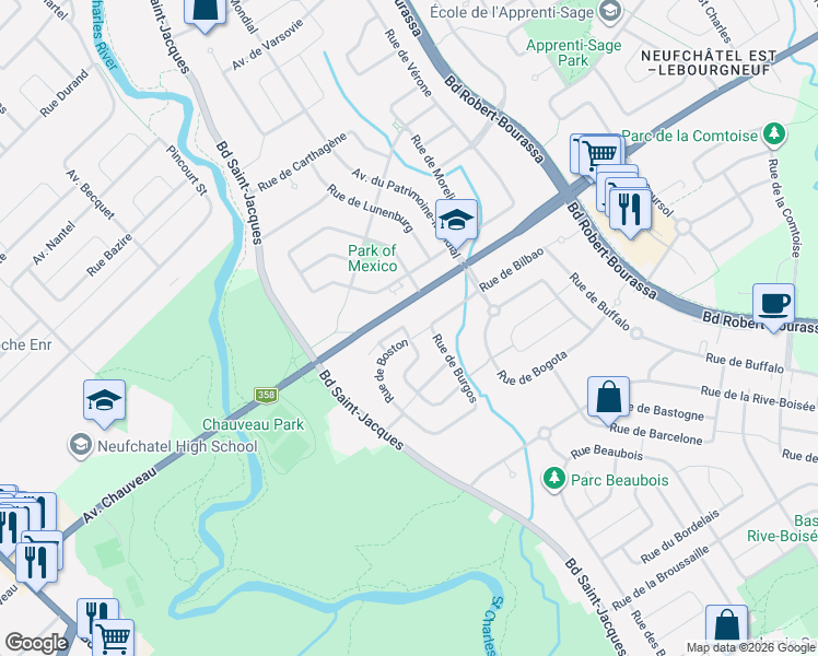 map of restaurants, bars, coffee shops, grocery stores, and more near 8717 Rue de Boston in Québec