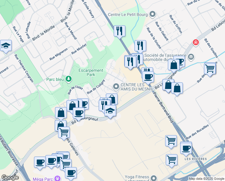 map of restaurants, bars, coffee shops, grocery stores, and more near 6327 Rue du Courtil in Quebec