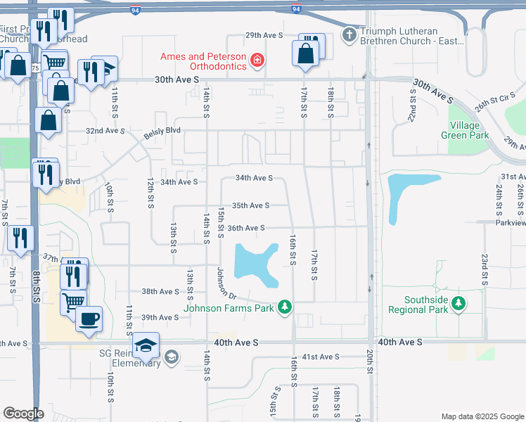 map of restaurants, bars, coffee shops, grocery stores, and more near 1558 35th Avenue South in Moorhead