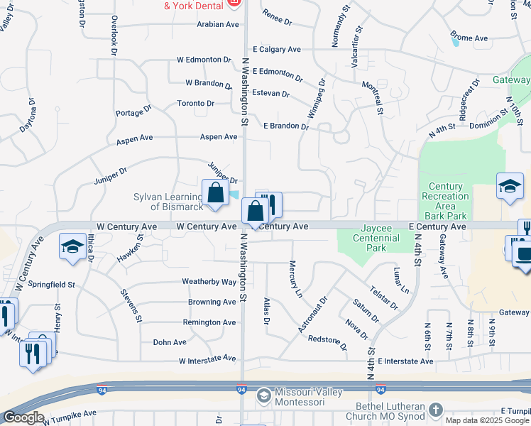 map of restaurants, bars, coffee shops, grocery stores, and more near 2950 Ontario Lane in Bismarck