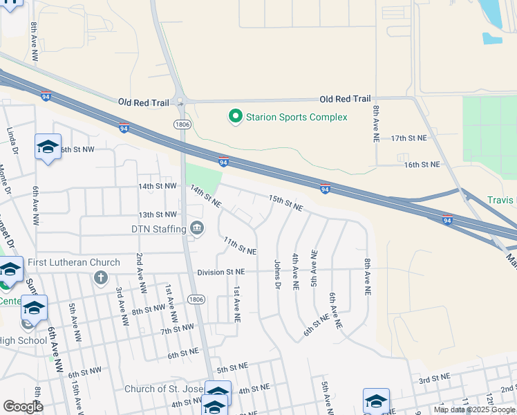 map of restaurants, bars, coffee shops, grocery stores, and more near 1509 Shannon Drive Northeast in Mandan