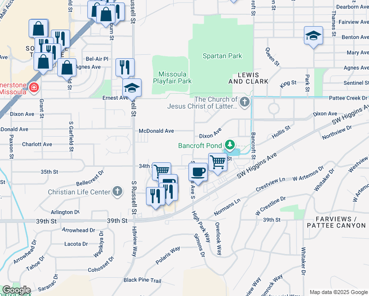 map of restaurants, bars, coffee shops, grocery stores, and more near 3407 Stephens Avenue South in Missoula