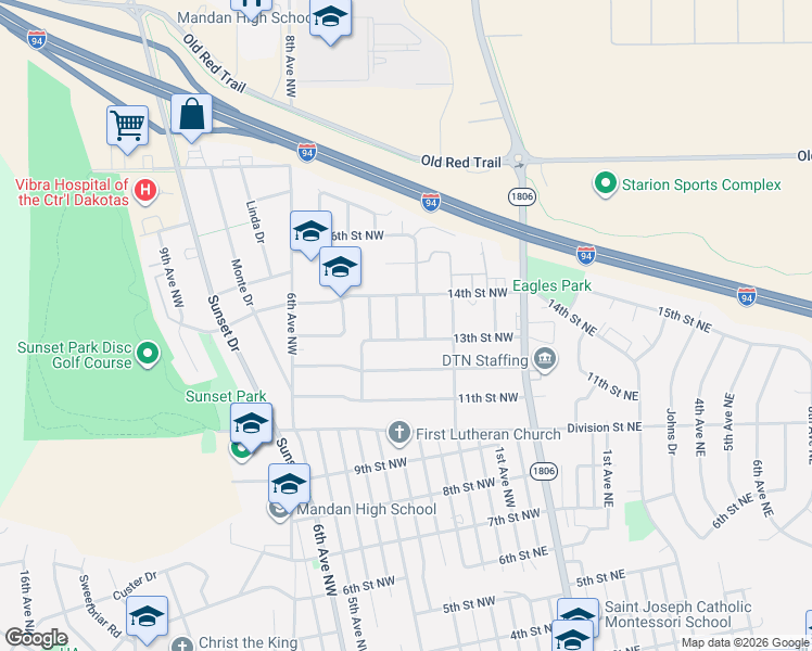 map of restaurants, bars, coffee shops, grocery stores, and more near 1406 Central Drive in Mandan