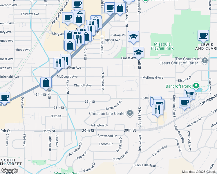 map of restaurants, bars, coffee shops, grocery stores, and more near 1701 Charlott Avenue in Missoula