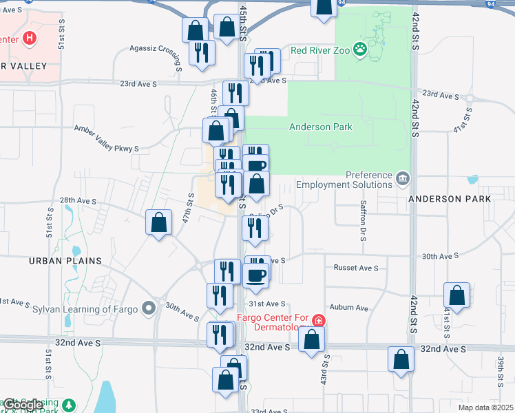 map of restaurants, bars, coffee shops, grocery stores, and more near 4487 Calico Drive South in Fargo