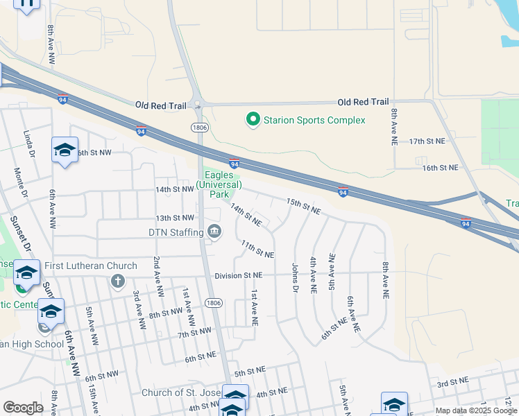 map of restaurants, bars, coffee shops, grocery stores, and more near 1509 Shannon Drive Northeast in Mandan