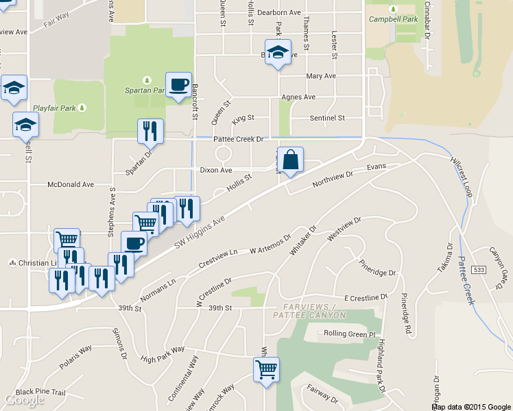 map of restaurants, bars, coffee shops, grocery stores, and more near 510 Southwest Higgins Avenue in Missoula