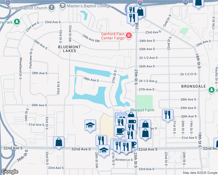 map of restaurants, bars, coffee shops, grocery stores, and more near 2807 27th St S in Fargo