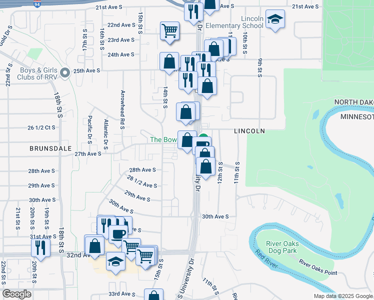 map of restaurants, bars, coffee shops, grocery stores, and more near 2701 South University Drive in Fargo