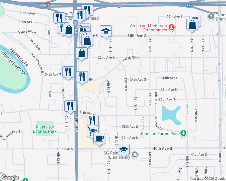 map of restaurants, bars, coffee shops, grocery stores, and more near 3466 10th Street South in Moorhead