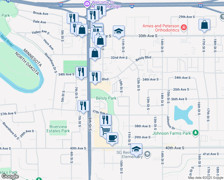 map of restaurants, bars, coffee shops, grocery stores, and more near 3403 10th Street South in Moorhead