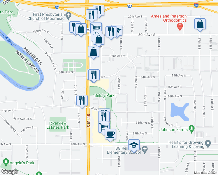 map of restaurants, bars, coffee shops, grocery stores, and more near 3401 10th Street South in Moorhead