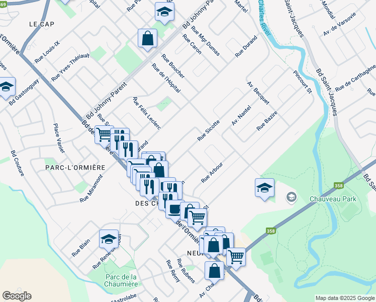map of restaurants, bars, coffee shops, grocery stores, and more near 9515 Avenue Aumier in Quebec