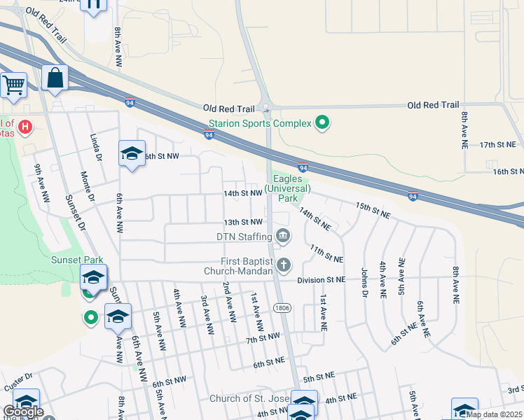 map of restaurants, bars, coffee shops, grocery stores, and more near 1417 Collins Avenue in Mandan