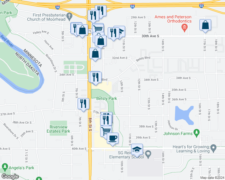 map of restaurants, bars, coffee shops, grocery stores, and more near 3401 10th Street South in Moorhead