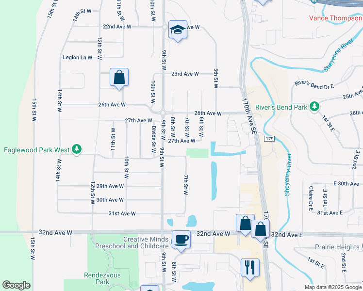 map of restaurants, bars, coffee shops, grocery stores, and more near 101 7th Street West in West Fargo