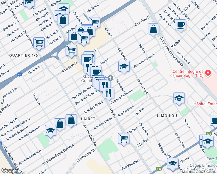 map of restaurants, bars, coffee shops, grocery stores, and more near 15 Rue Sir Thomas Chapais in Ville de Québec