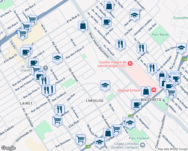 map of restaurants, bars, coffee shops, grocery stores, and more near 740 Rue Godbout Est in Ville de Québec