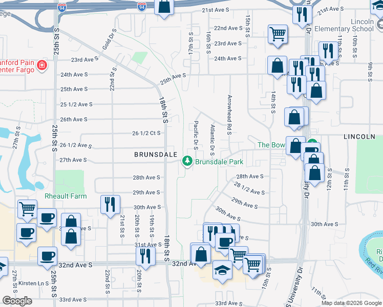 map of restaurants, bars, coffee shops, grocery stores, and more near 2625 Pacific Drive South in Fargo