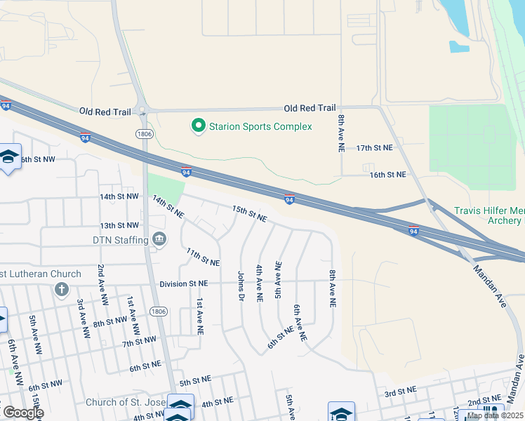 map of restaurants, bars, coffee shops, grocery stores, and more near 428 15th Street Northeast in Mandan