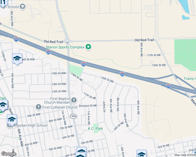 map of restaurants, bars, coffee shops, grocery stores, and more near 1509 Shannon Drive Northeast in Mandan