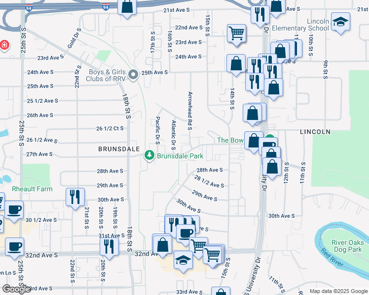 map of restaurants, bars, coffee shops, grocery stores, and more near 2643 Arrowhead Road South in Fargo