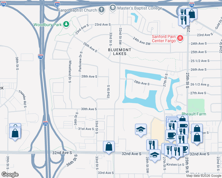 map of restaurants, bars, coffee shops, grocery stores, and more near 2826 33rd Street South in Fargo