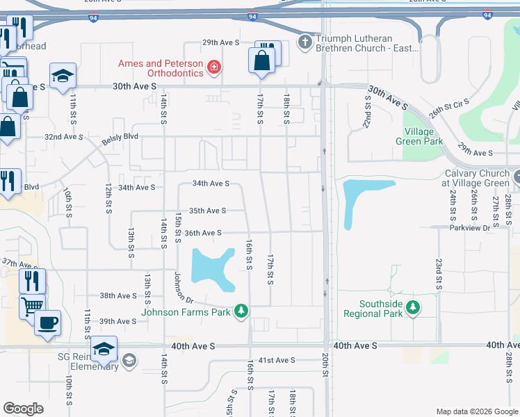 map of restaurants, bars, coffee shops, grocery stores, and more near 3533 17th Street South in Moorhead