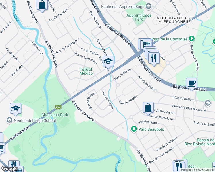map of restaurants, bars, coffee shops, grocery stores, and more near 8031 Rue de Burgos in Québec