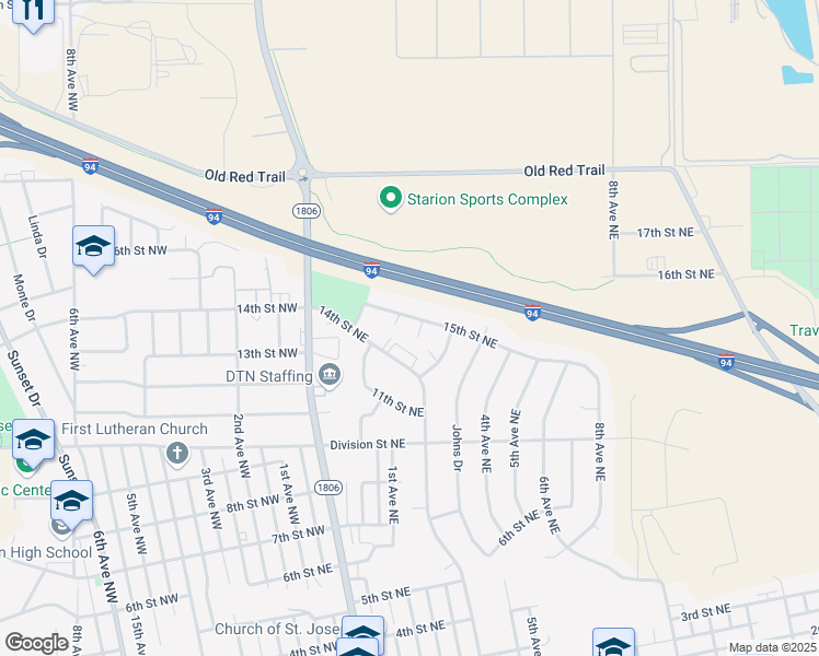 map of restaurants, bars, coffee shops, grocery stores, and more near 1509 Shannon Drive Northeast in Mandan