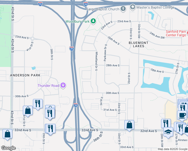 map of restaurants, bars, coffee shops, grocery stores, and more near 2893-2903 Wheatland Drive South in Fargo