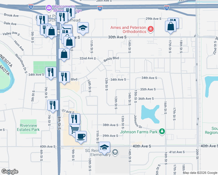 map of restaurants, bars, coffee shops, grocery stores, and more near 3420 12th Street South in Moorhead