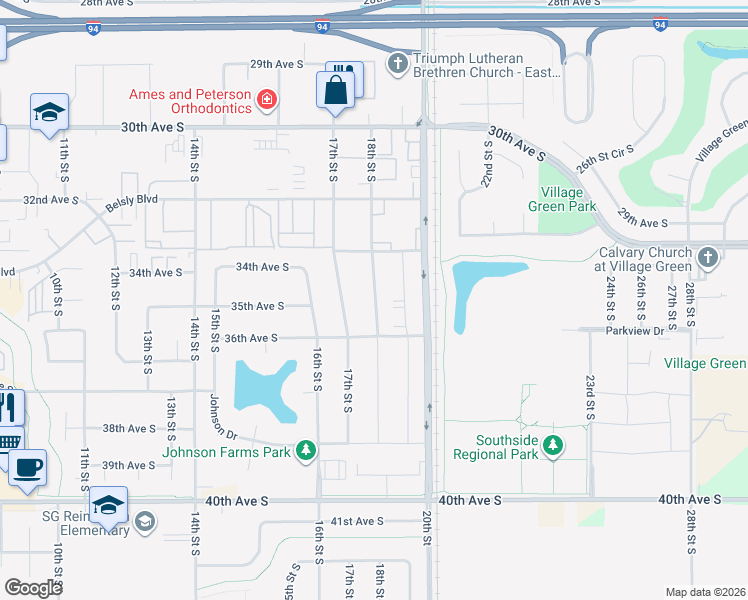 map of restaurants, bars, coffee shops, grocery stores, and more near 3445 18th Street South in Moorhead