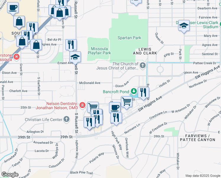 map of restaurants, bars, coffee shops, grocery stores, and more near 3407 Stephens Avenue South in Missoula