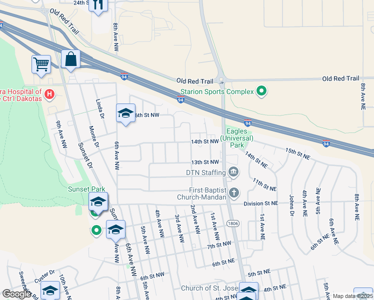 map of restaurants, bars, coffee shops, grocery stores, and more near 1405 2nd Avenue Northwest in Mandan
