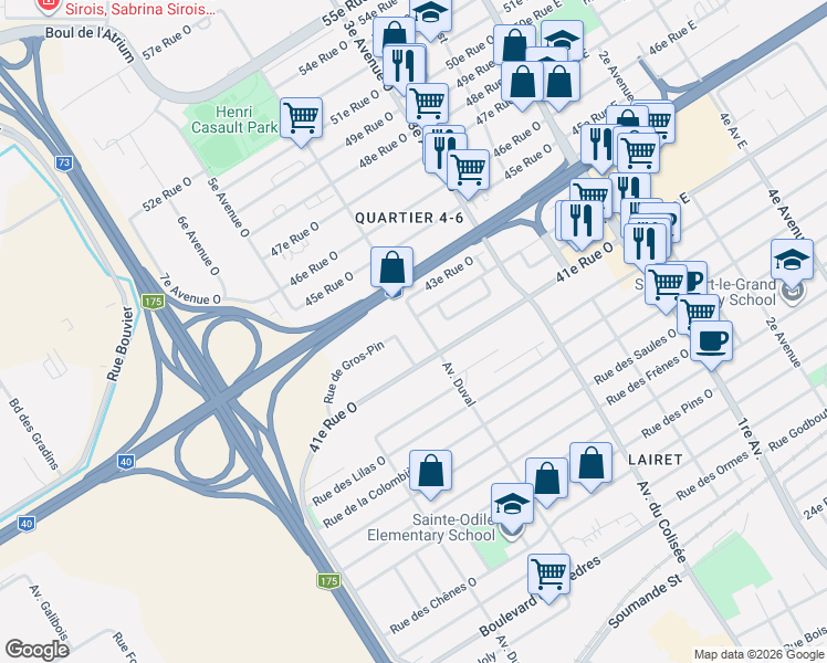 map of restaurants, bars, coffee shops, grocery stores, and more near 4155 4e Avenue Ouest in Québec