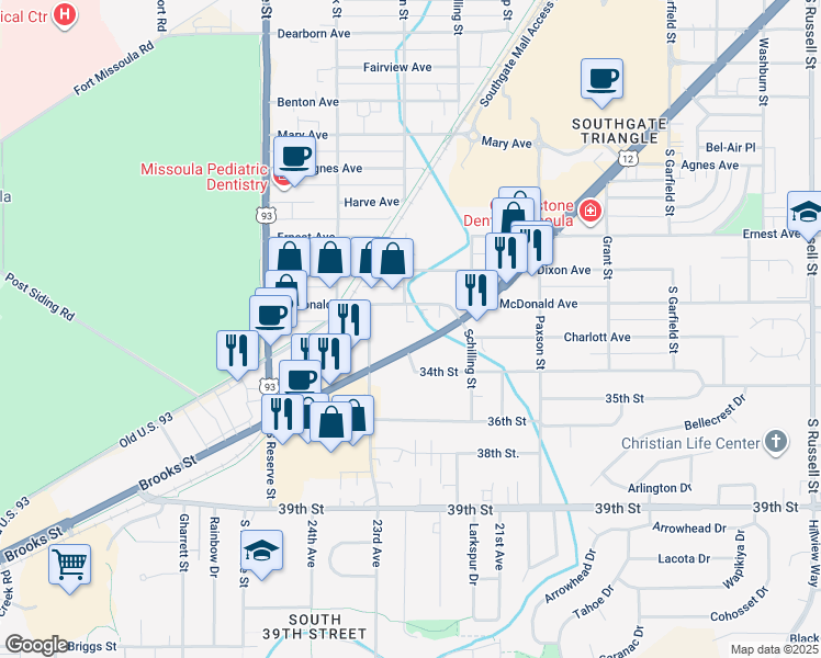 map of restaurants, bars, coffee shops, grocery stores, and more near 3521 Brooks St in Missoula