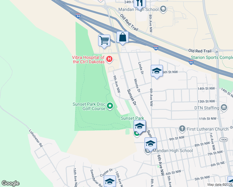 map of restaurants, bars, coffee shops, grocery stores, and more near 1501 9th Avenue Northwest in Mandan