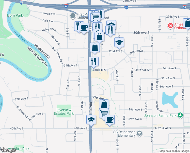 map of restaurants, bars, coffee shops, grocery stores, and more near 846 32nd Street South in Moorhead