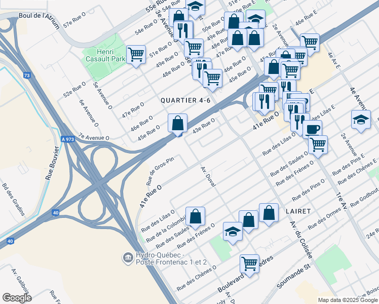map of restaurants, bars, coffee shops, grocery stores, and more near 4155 4e Avenue Ouest in Québec