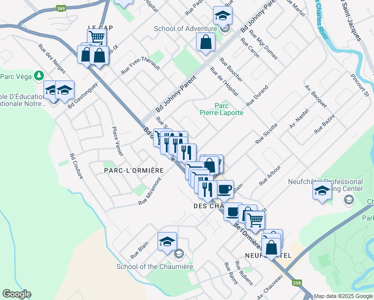 map of restaurants, bars, coffee shops, grocery stores, and more near Rue Saint-Maurice in Québec