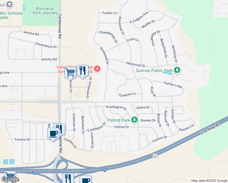 map of restaurants, bars, coffee shops, grocery stores, and more near 2925-3001 Stonewall Drive in Bismarck