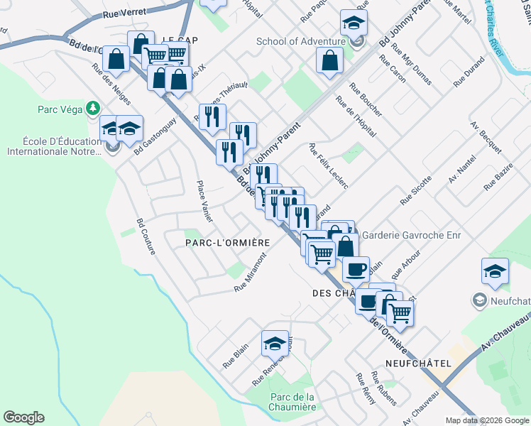 map of restaurants, bars, coffee shops, grocery stores, and more near 9855 Boulevard de l'Ormière in Québec