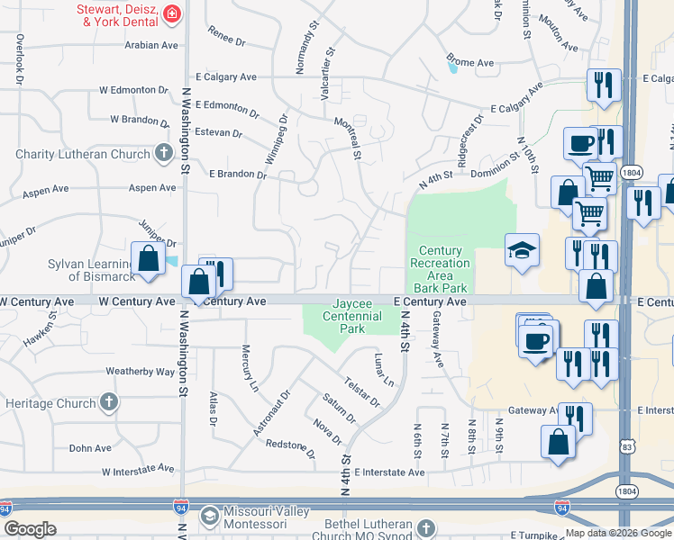 map of restaurants, bars, coffee shops, grocery stores, and more near 2922 Manitoba Lane in Bismarck