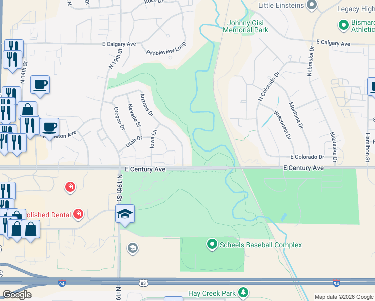 map of restaurants, bars, coffee shops, grocery stores, and more near 2927 Arizona Drive in Bismarck
