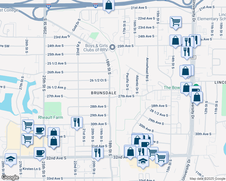 map of restaurants, bars, coffee shops, grocery stores, and more near 2636 18th Street South in Fargo